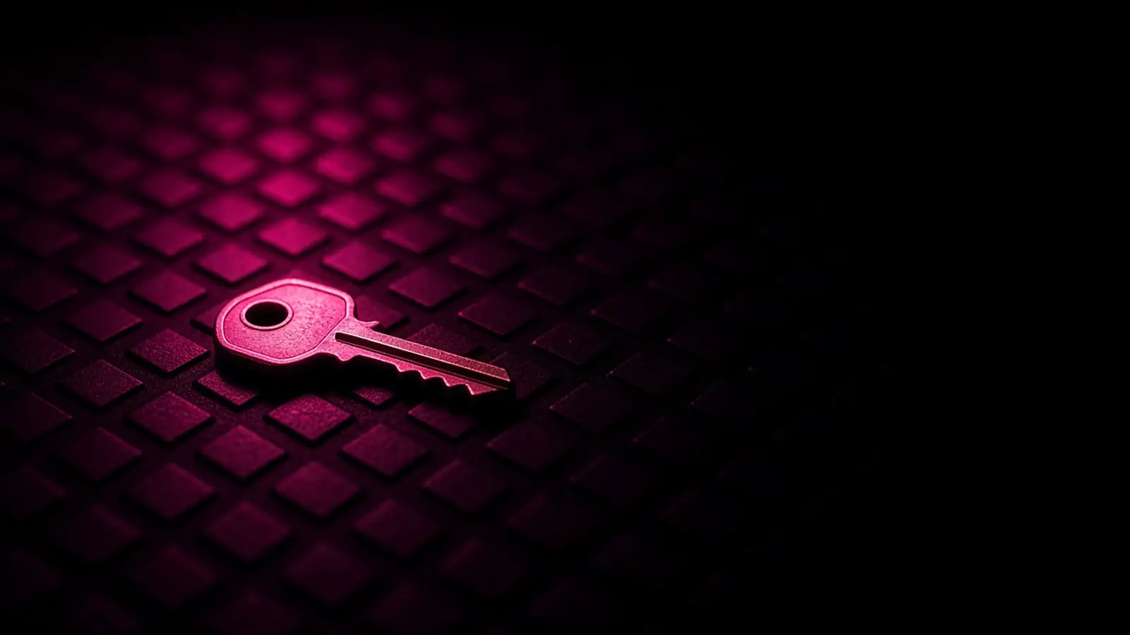 A single magenta key beside many dim account tiles on black, cybersecurity questions for 401k technology vendors