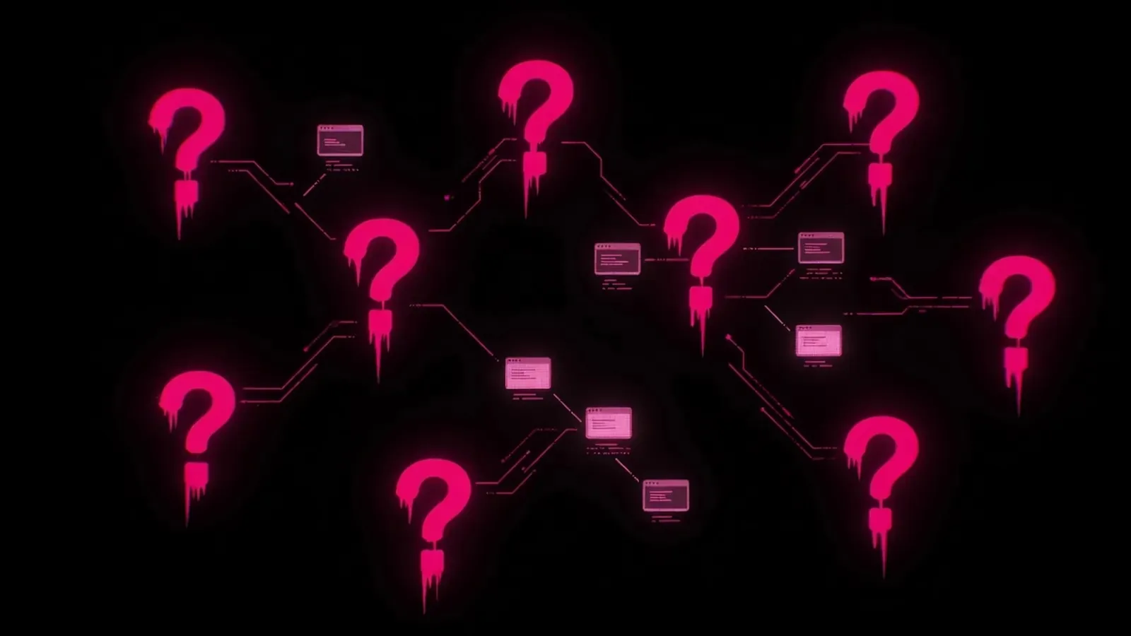 Ten magenta question marks mapping to ten URLs on black, AEO audit citation baseline