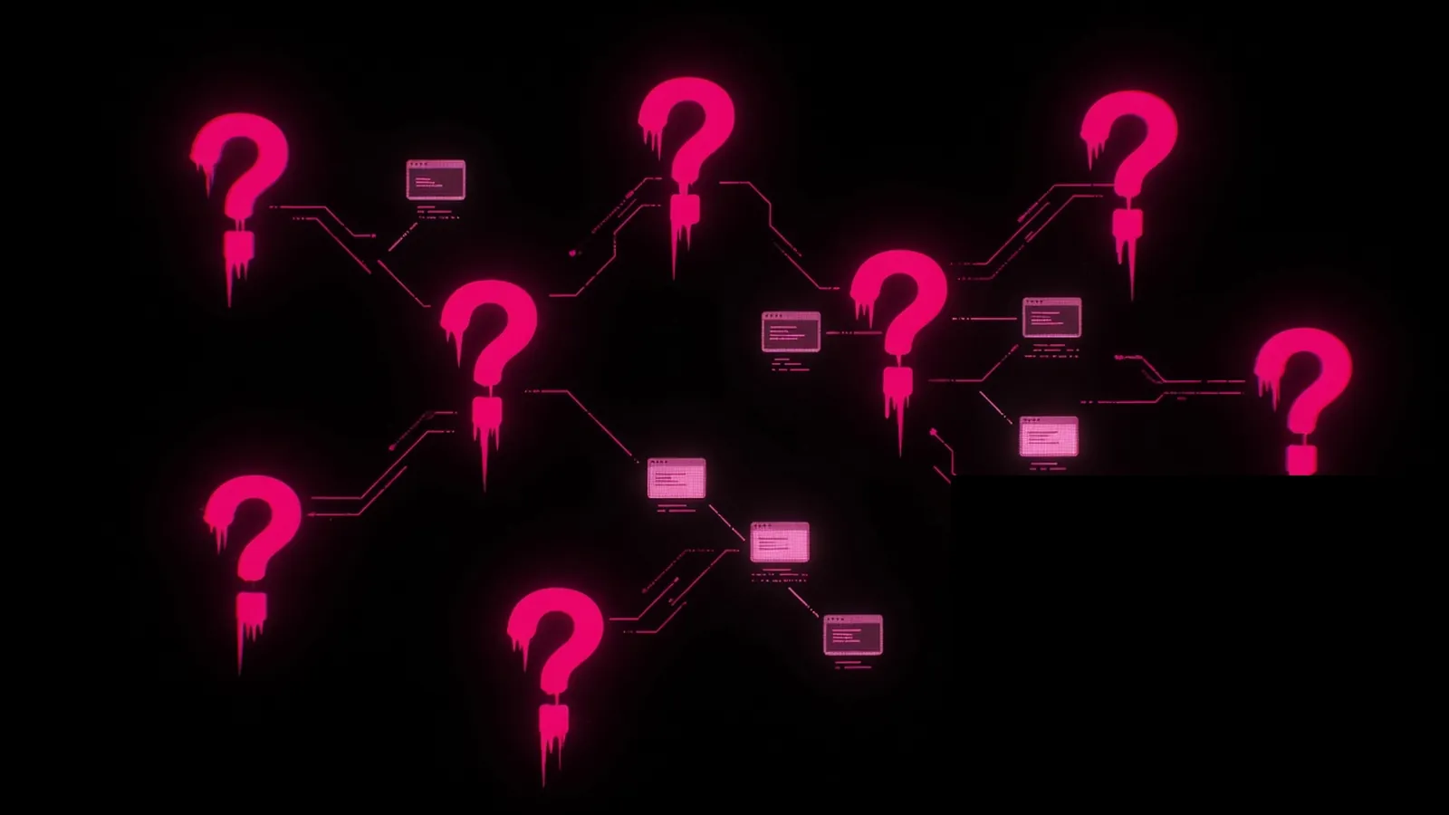 Ten magenta question marks mapping to ten URLs on black, AEO audit citation baseline