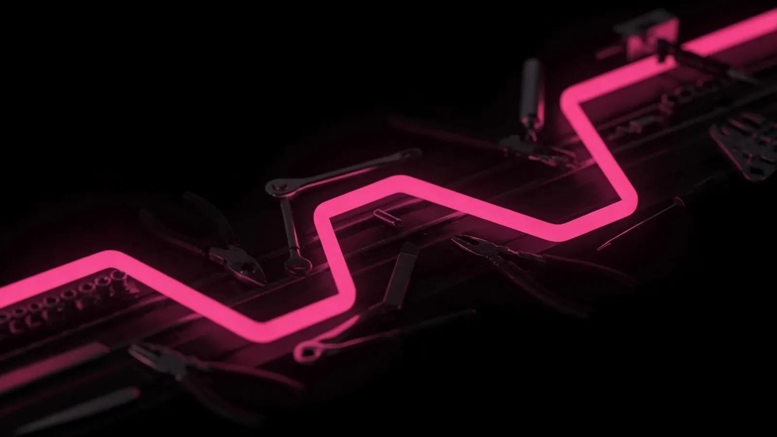Magenta polyline changing tools along a dark track, AI agent governance across a sequence of actions