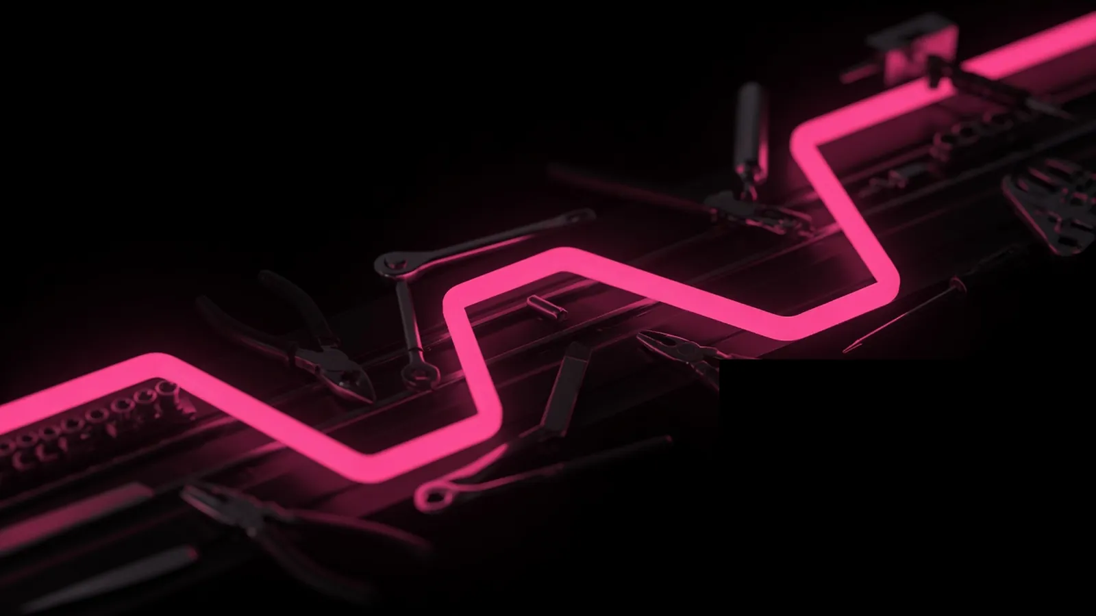Magenta polyline changing tools along a dark track, AI agent governance across a sequence of actions