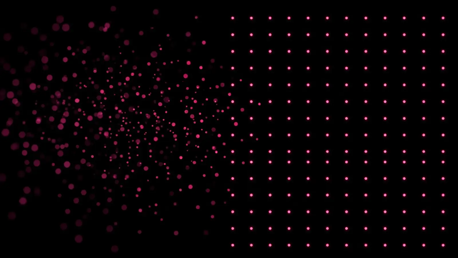A magenta inventory grid resolving out of dark scattered nodes, AI audit for business showing what is actually running