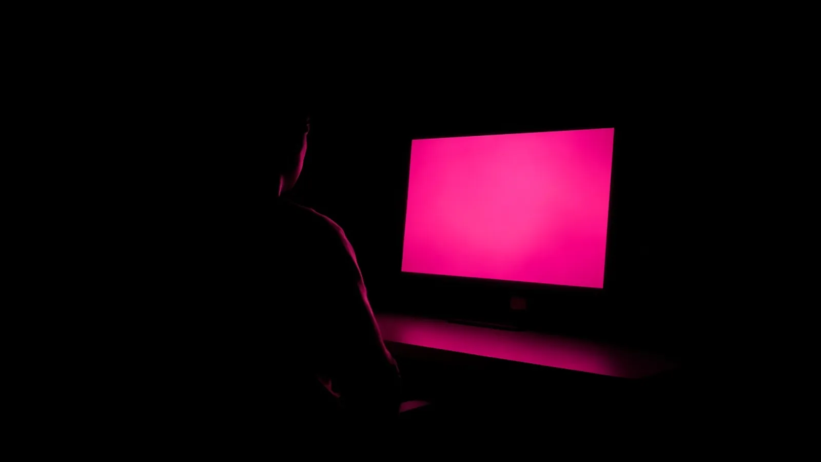 A dark silhouette at a desk lit only by a magenta screen, running an AI audit inventory for a business