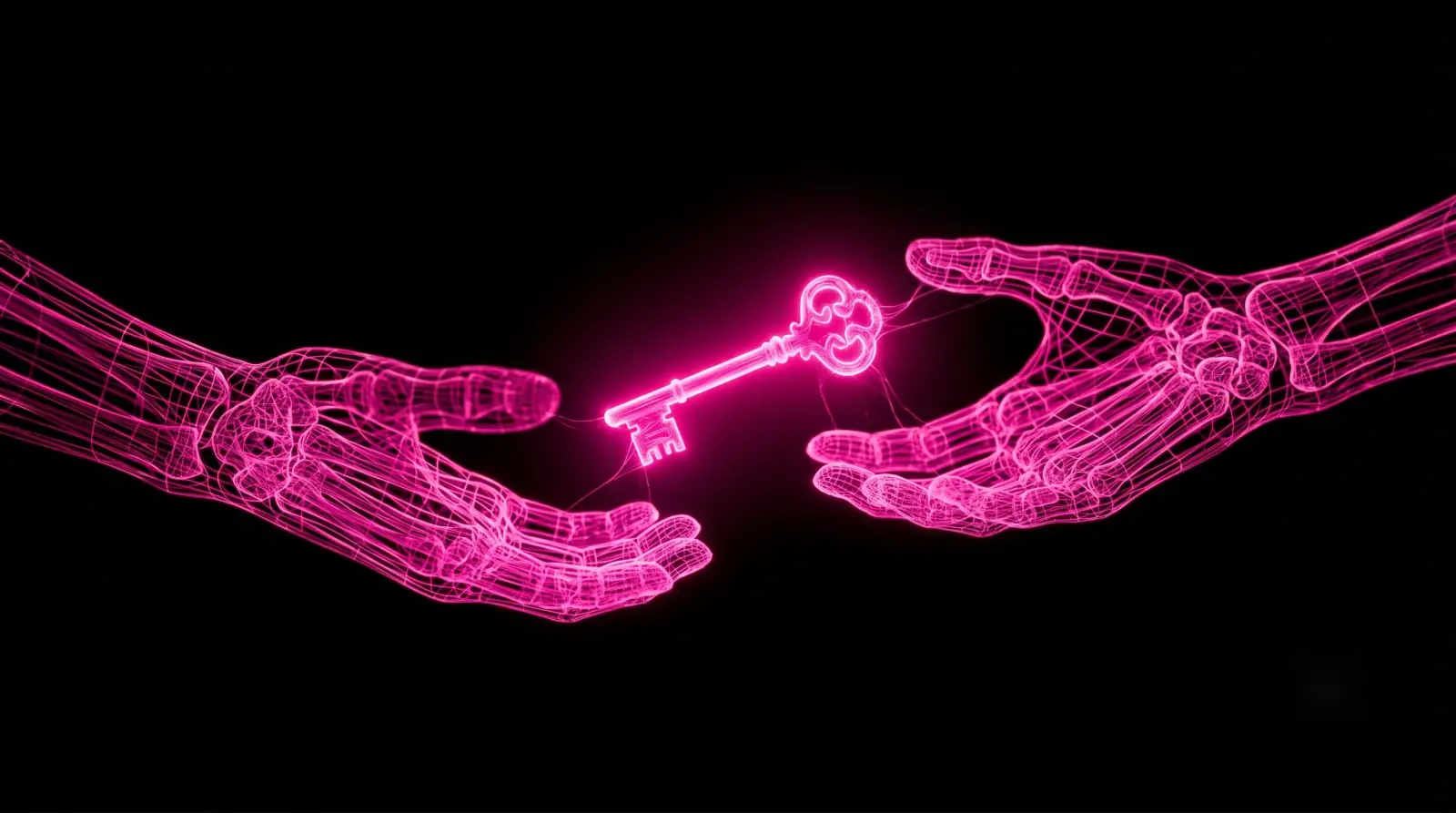 A hot-pink key of light passing from one open hand to another against deep black, illustrating AI capability transfer