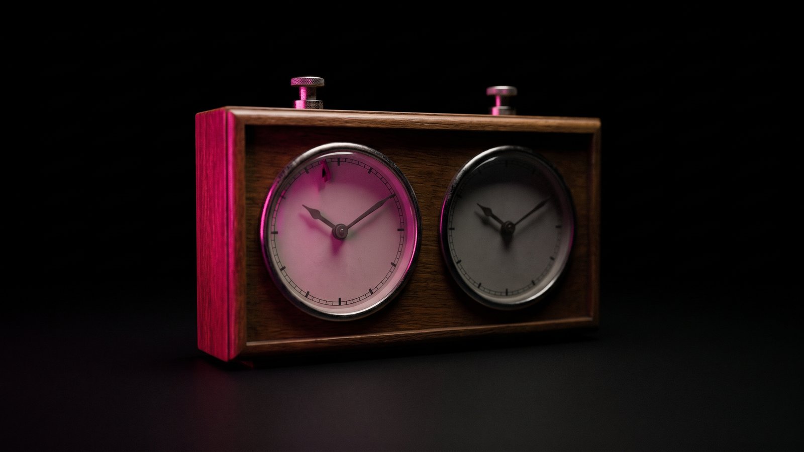 A mechanical chess clock on a black table with one face lit hot pink, the meter behind the cost to hire an AI consultant