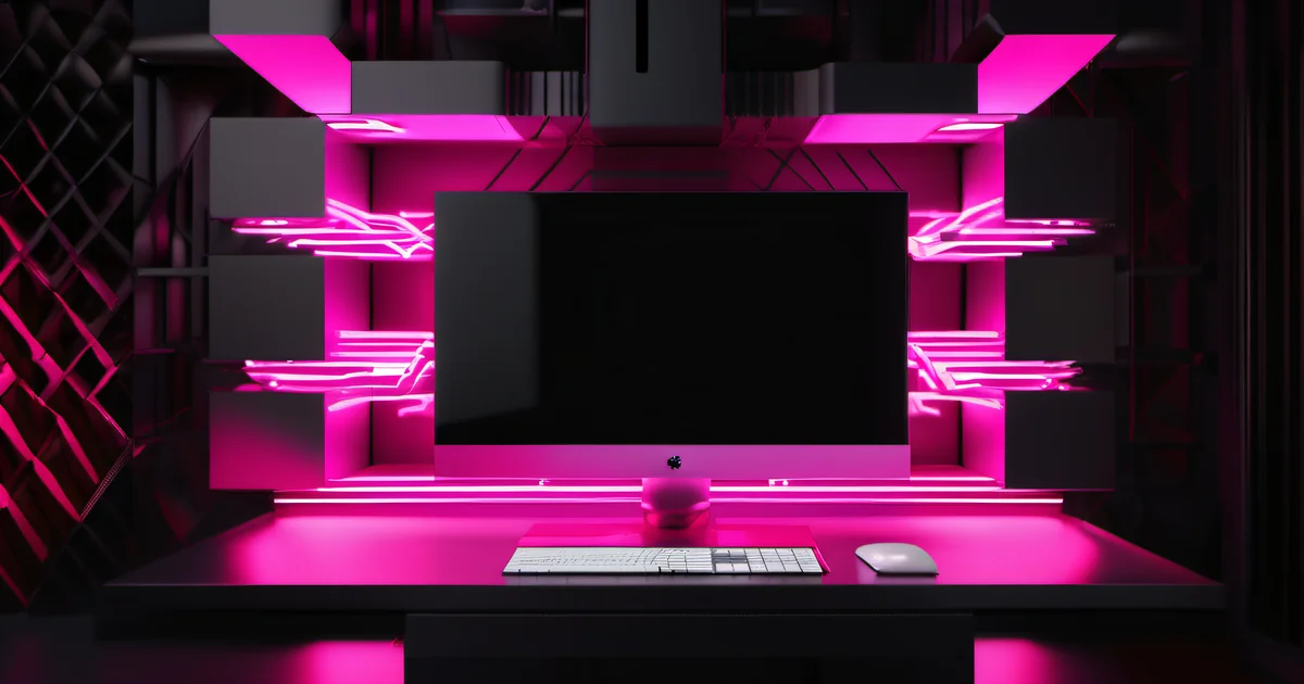 Chat interface on dark monitor with hot pink accents — AI customer communication by Amelia S. Gagne