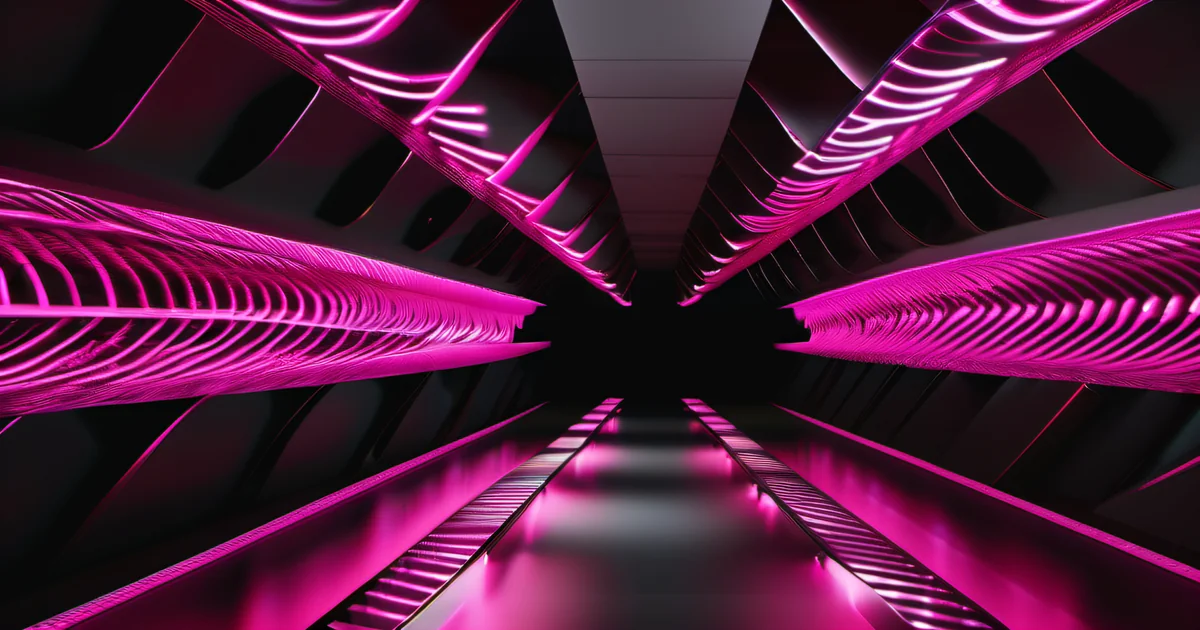 Fiber optic cable cross-section with individual hot pink magenta light channels — AI answer engine source selection as precision routing across authority and freshness signals