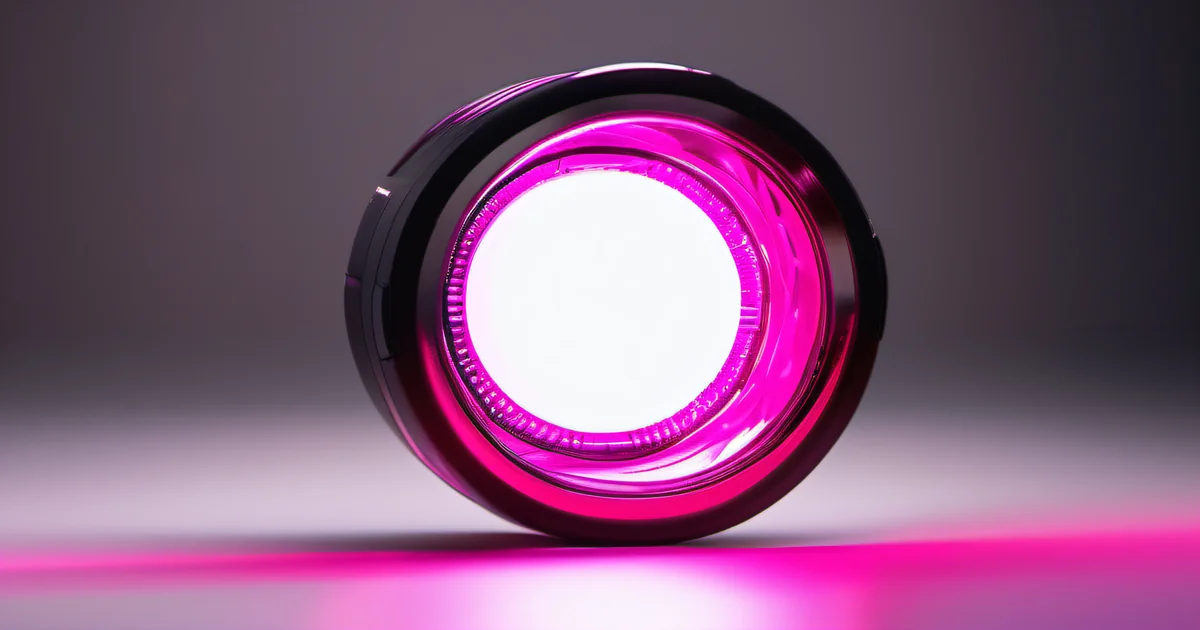 Glowing pink lens element against a gray backdrop, representing AI in production scrutiny — Amelia S. Gagne, Kief Studio