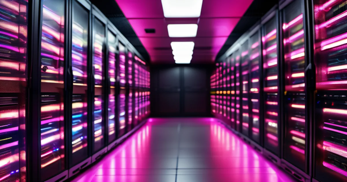 Ultra high resolution server rack infrastructure with hot pink magenta LED accent lighting — production AI deployment requires the same reliability guarantees as any enterprise system