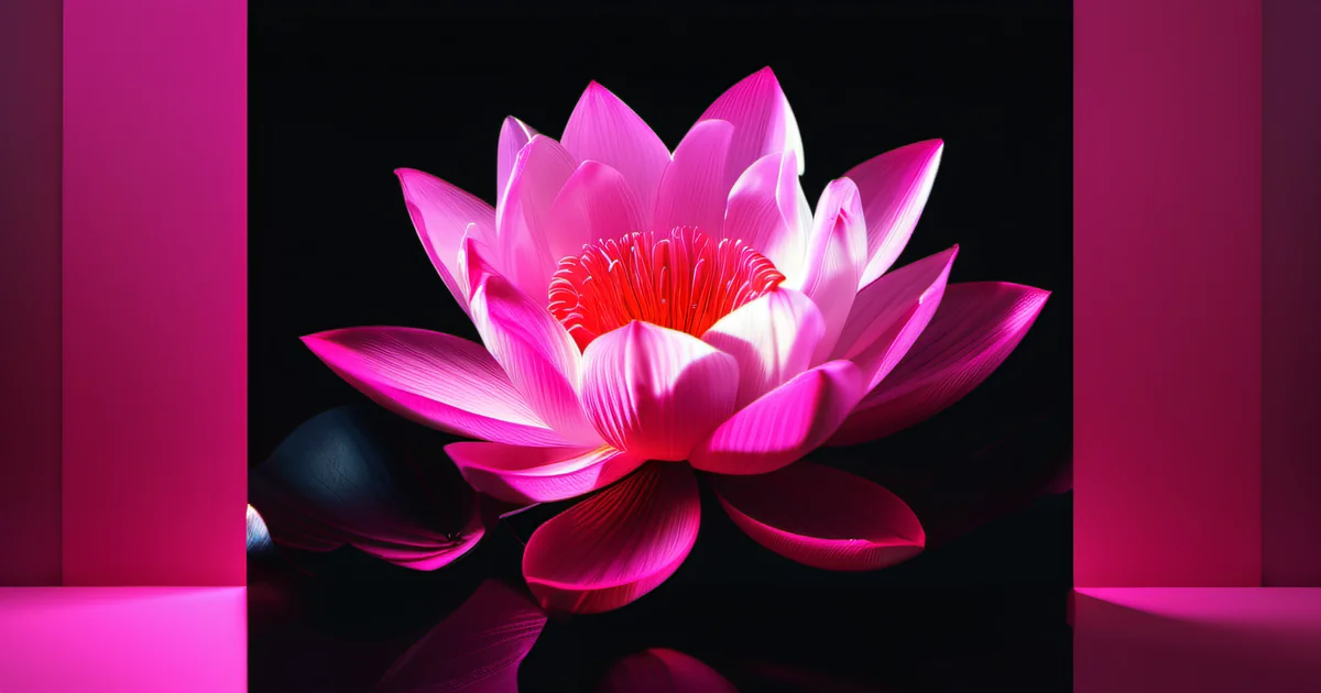 Lotus flower with hot pink bioluminescent petals emerging from dark water — growth through learning by Amelia Gagne