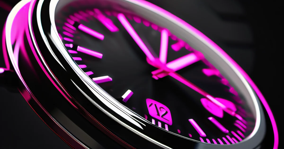 Close-up of a black watch face with glowing pink hands ticking toward a deadline — Amelia S. Gagne, Kief Studio