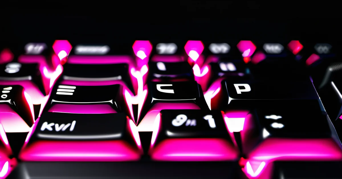 Extreme macro of mechanical keyboard keys with hot pink underglow — written communication as the primary work artifact