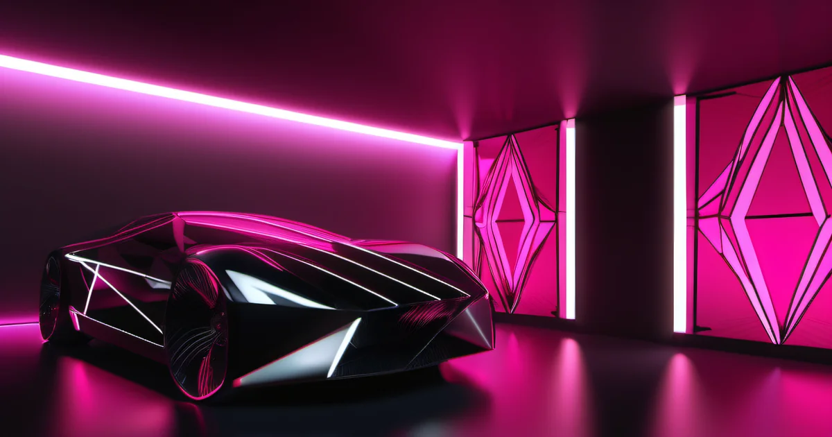 Sleek angular vehicle in a neon-pink showroom evoking automation precision — Amelia S. Gagne, Kief Studio