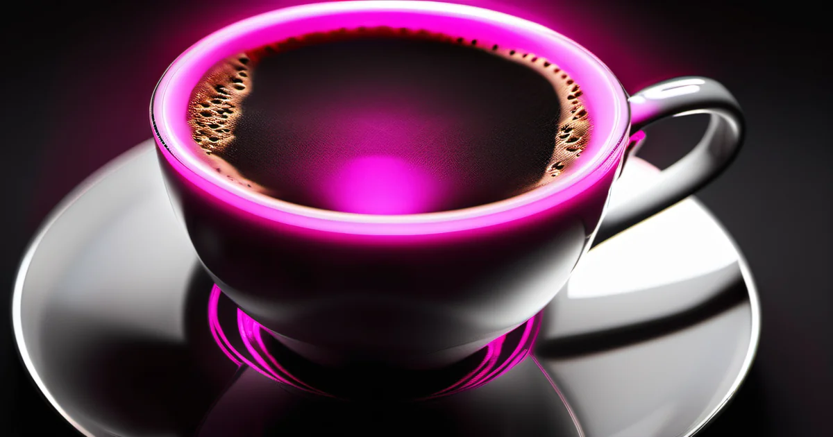 Coffee cup rim with steam rising in hot pink ambient light — morning rituals and burnout prevention by Amelia Gagne