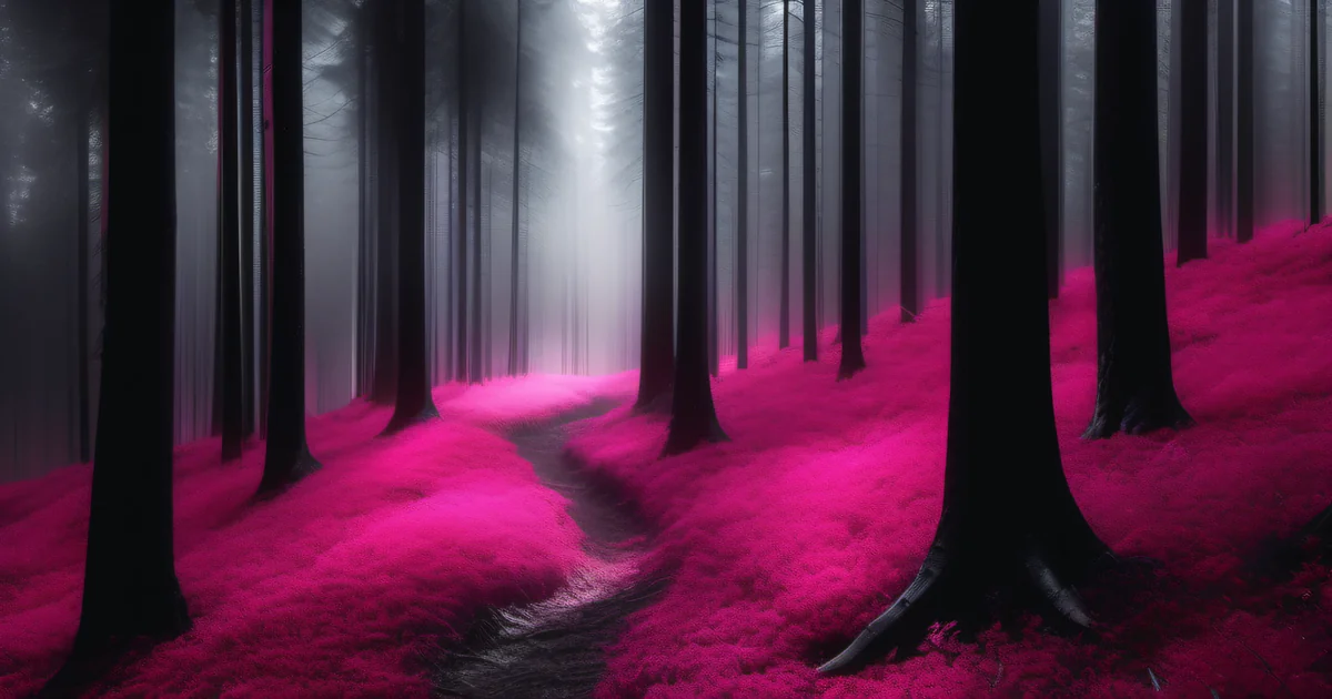 Forest path with hot pink light filtering through dark canopy — the way forward through burnout by Amelia S. Gagne