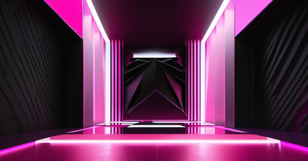 Symmetrical dark hallway with pink-lit columns and a glowing angular form — Amelia S. Gagne, Kief Studio