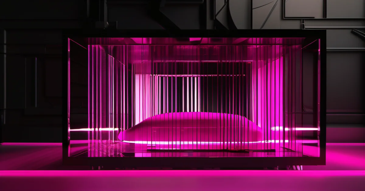 Glowing pink shape enclosed in a dark glass display case with vertical lines — Amelia S. Gagne, Kief Studio