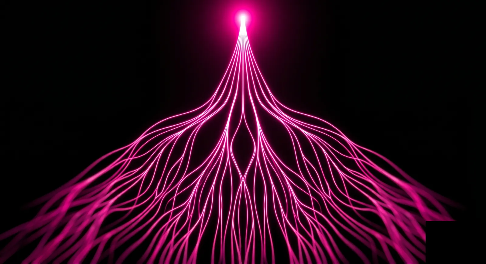 A single bright source point at the top with multiple thin streams of light branching downward into different channels, representing one evidence source feeding multiple compliance frameworks