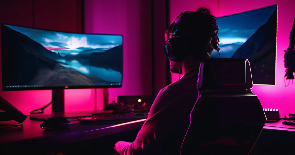 Streamer silhouette at dark PC setup with hot pink magenta RGB accent lighting and multiple monitors — context switching as the cognitive cost of moving between incompatible work modes