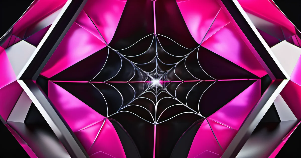 Spider web with hot pink bioluminescent dew drops in dark — cybersecurity policy interconnections by Amelia Gagne