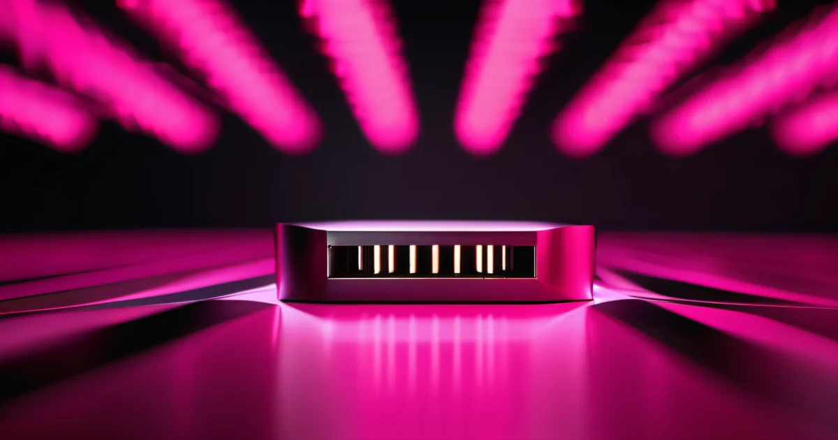Extreme macro of USB-C connector pins in hot pink studio light — Amelia Gagne on precision data connections in governance