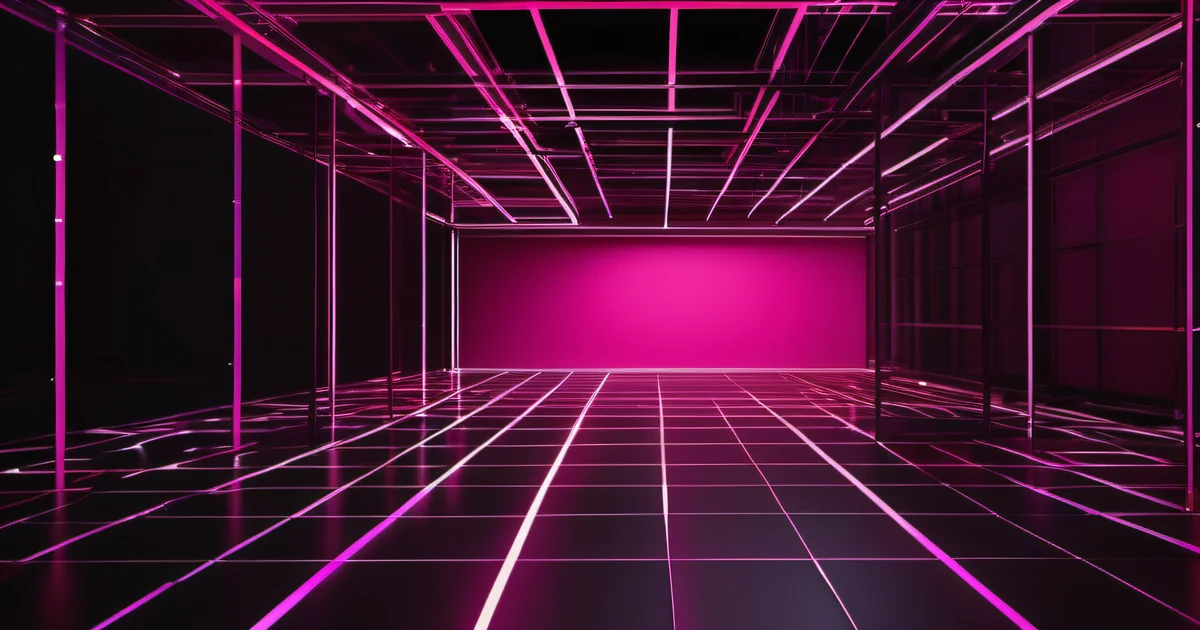 Glowing pink wireframe grid room with transparent framework walls — Amelia S. Gagne, Kief Studio