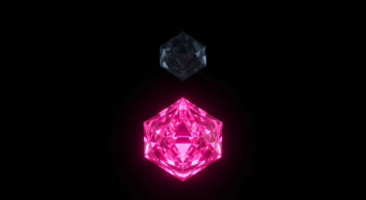 Two identical crystalline shapes on a black background, the nearer one glowing bright hot-pink and the farther one dim, illustrating how ownership inflates perceived value