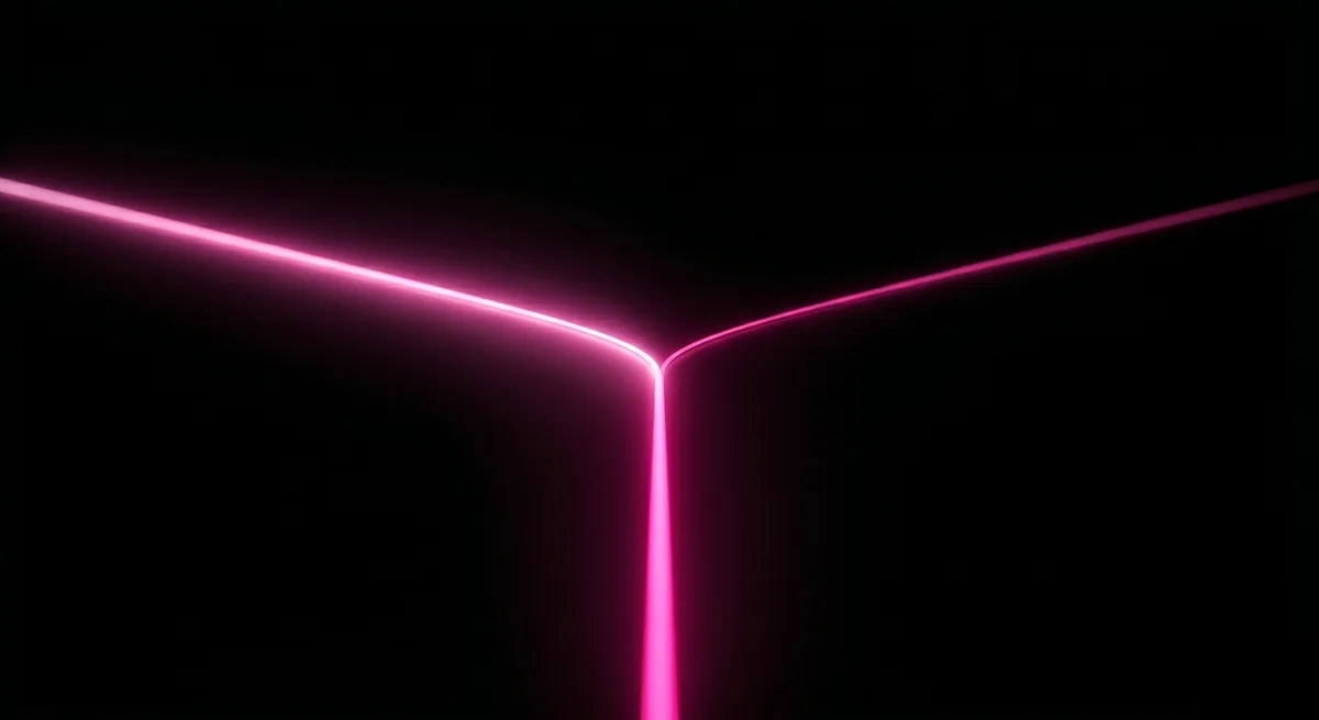 A glowing hot-pink line splitting into two diverging paths on a black background, one brighter than the other, illustrating an infrastructure decision skewed by ownership bias rather than merit