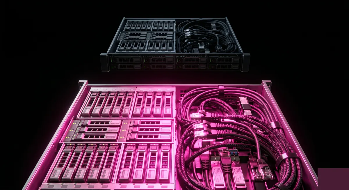 Photorealistic macro of a dark server rack lit from within by hot-pink light, representing owned self-hosted infrastructure an operator may overvalue