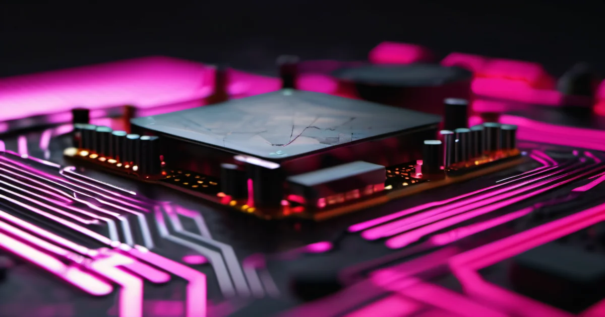 Cracked processor chip on a pink-lit circuit board highlighting hardware constraints — Amelia S. Gagne, Kief Studio