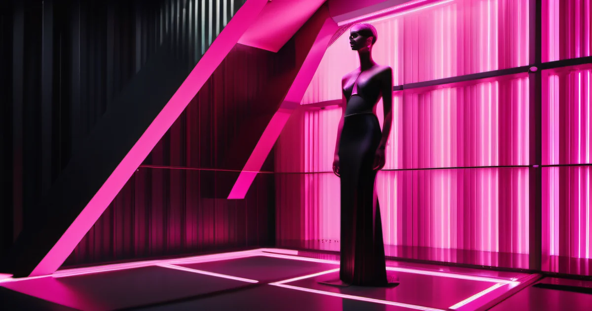 Scales of justice with hot pink glow in dark environment — balanced AI evaluation by Amelia S. Gagne