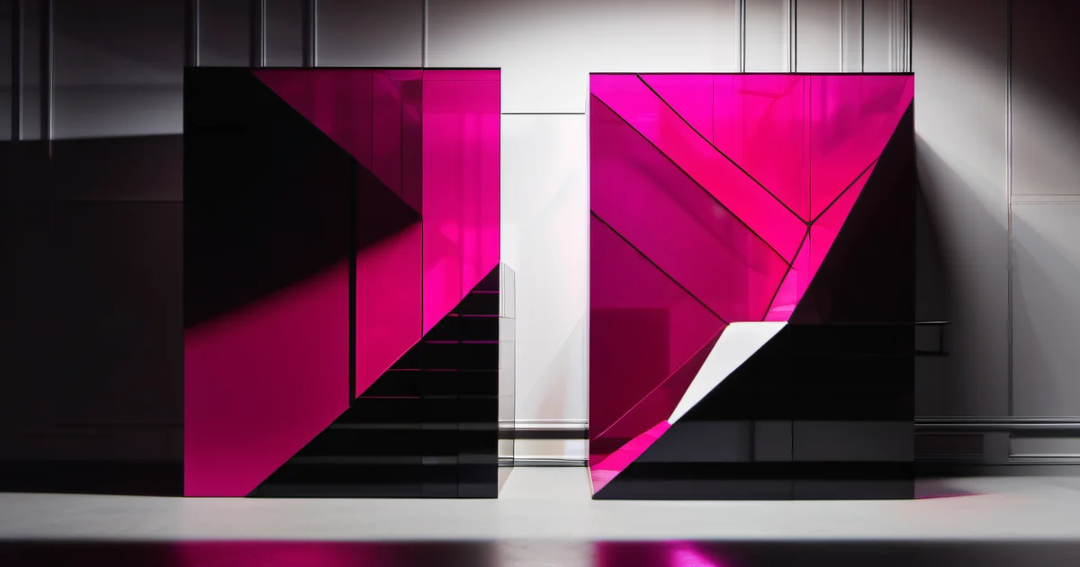Two geometric pink-and-black panels side by side, representing technology partner evaluation — Amelia S. Gagne, Kief Studio