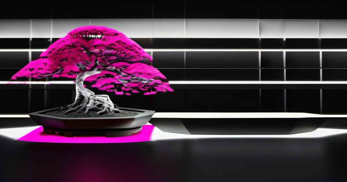 Pink bonsai tree with exposed roots on a dark minimal shelf, evoking deliberate client pruning — Amelia S. Gagne, Kief Studio