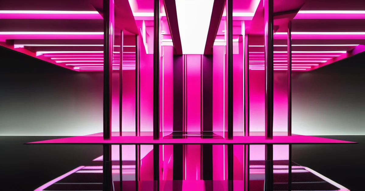 Neon pink columns and mirrored panels in a symmetrical corridor representing website metrics — Amelia S. Gagne, Kief Studio