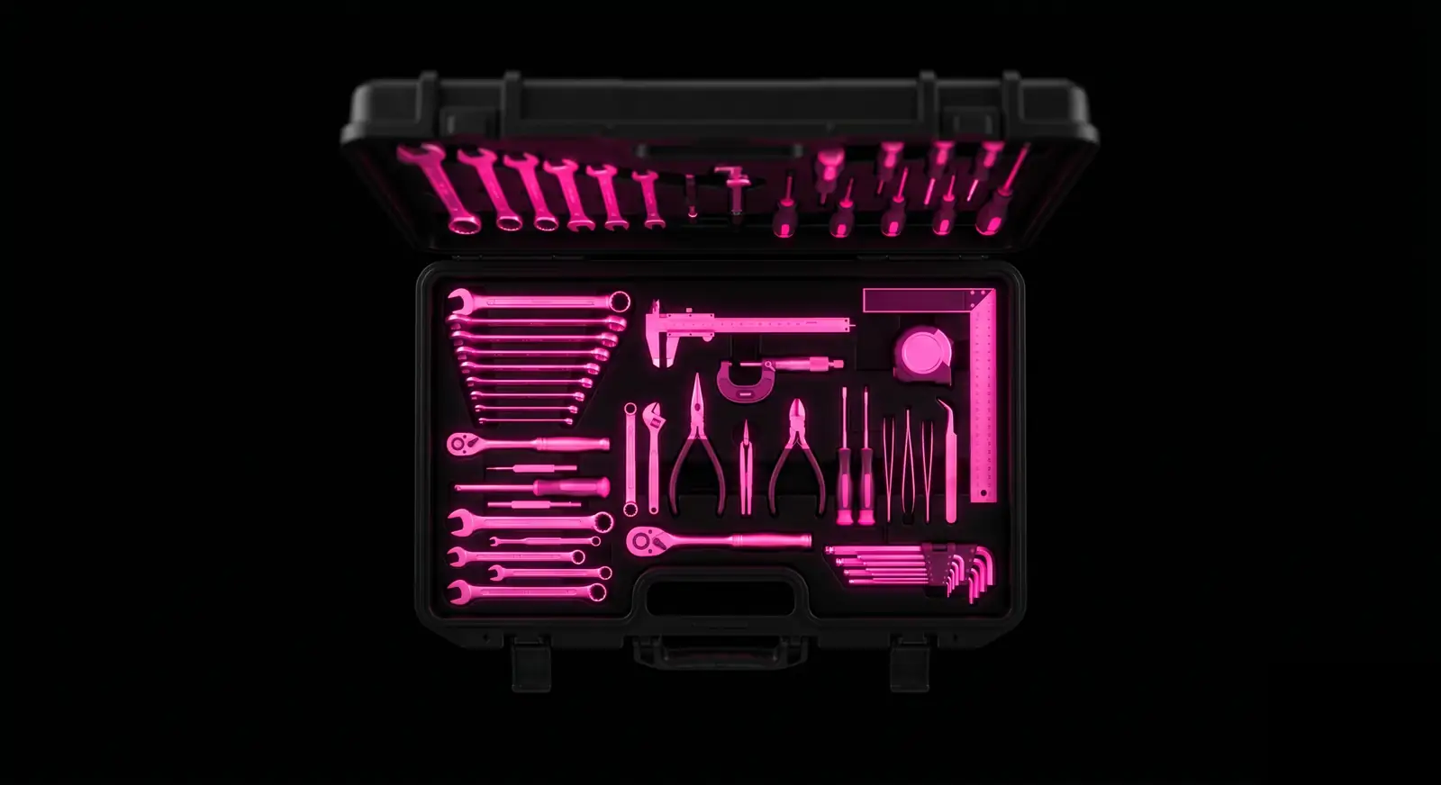Free developer tools strategy visualized as an open toolbox with precision instruments glowing against darkness, representing craft and intentional value offered to the developer community