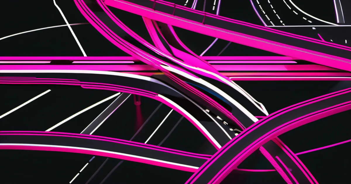 Intersecting pink-lit highway overpasses against black sky, mapping a technology roadmap — Amelia S. Gagne, Kief Studio