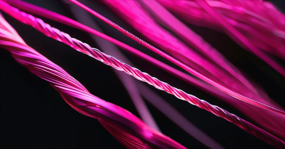Twisted pink fiber optic strands in macro against black, evoking shallow platform comparisons — Amelia S. Gagne, Kief Studio
