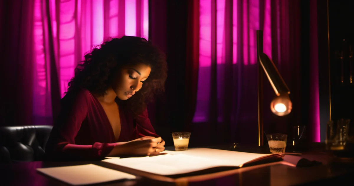 Business person silhouette at dark desk reviewing materials with hot pink magenta monitor glow — hiring evaluation as deliberate assessment against defined criteria, not cultural intuition