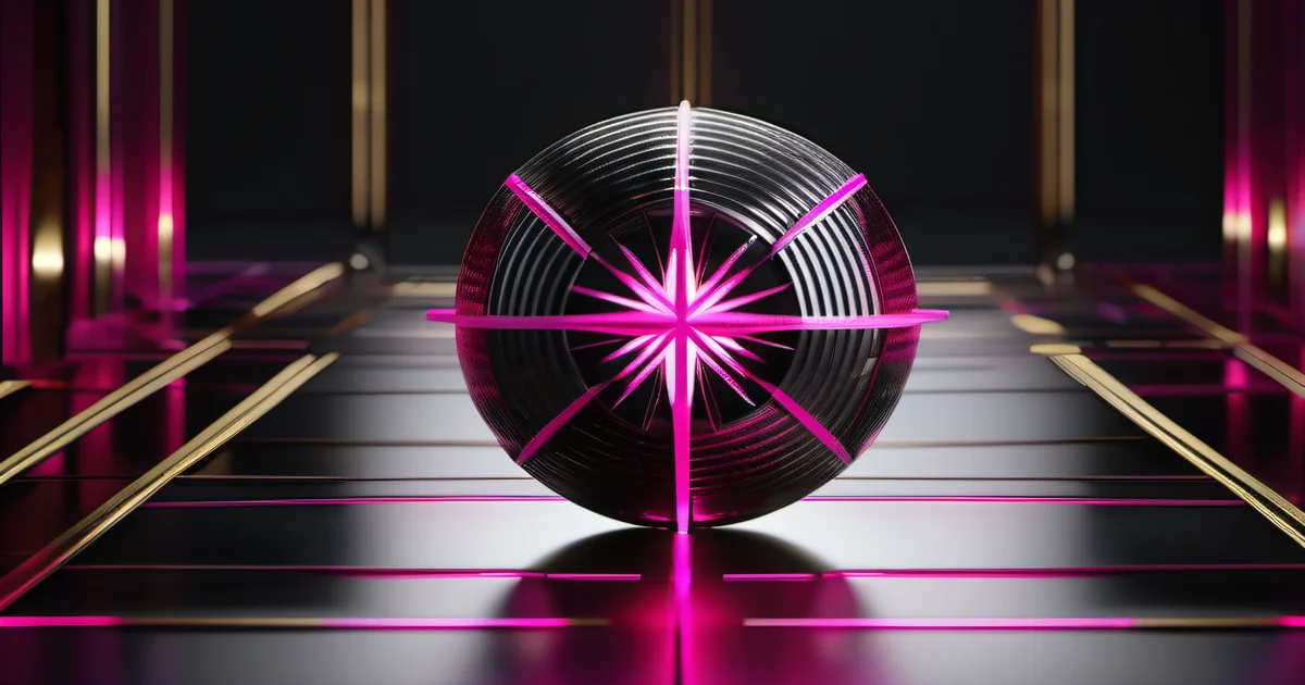 Glossy black compass sphere with radiating pink starburst on a dark geometric grid — Amelia S. Gagne, Kief Studio