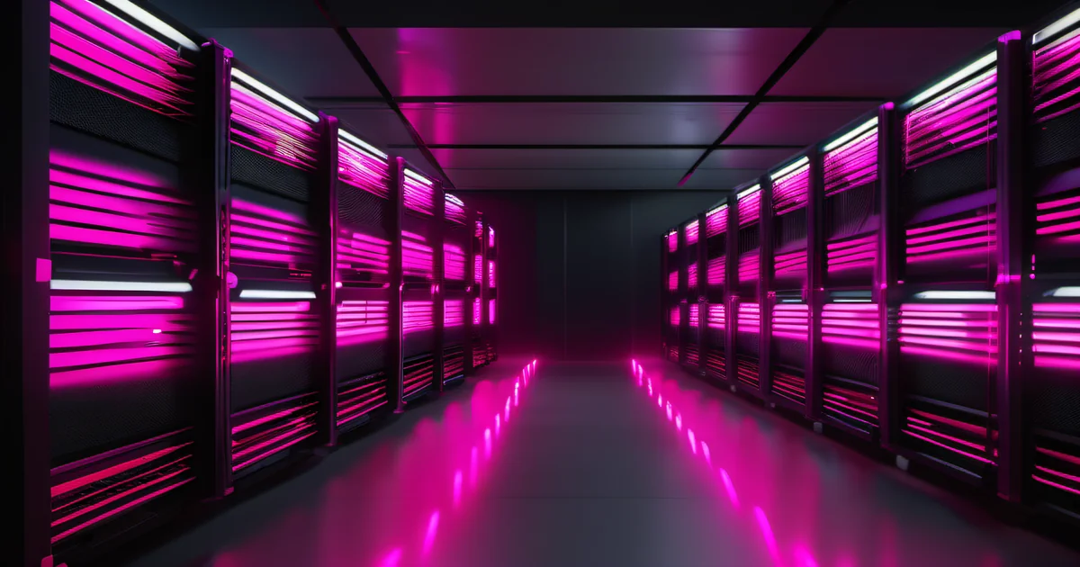 Server room corridor lined with pink-glowing rack-mounted infrastructure — Amelia S. Gagne, Kief Studio
