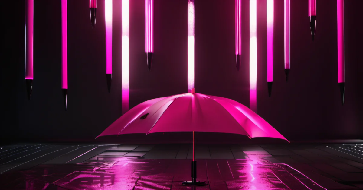 Umbrella in rain with hot pink illumination — cyber insurance coverage by Amelia S. Gagne