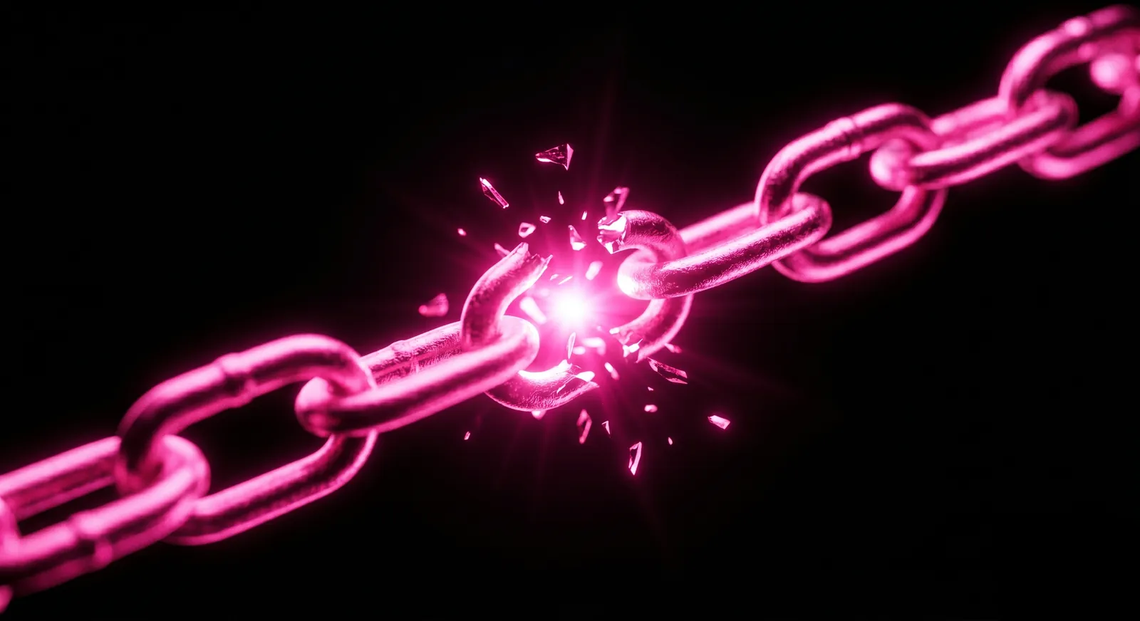 A metallic chain with one link shattering mid-break, illustrating how a single compromised dependency breaks the entire software supply chain