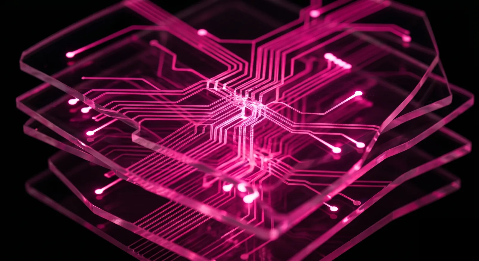 Translucent layered sheets with circuit trace patterns showing how software dependencies stack through multiple levels of transitive connections