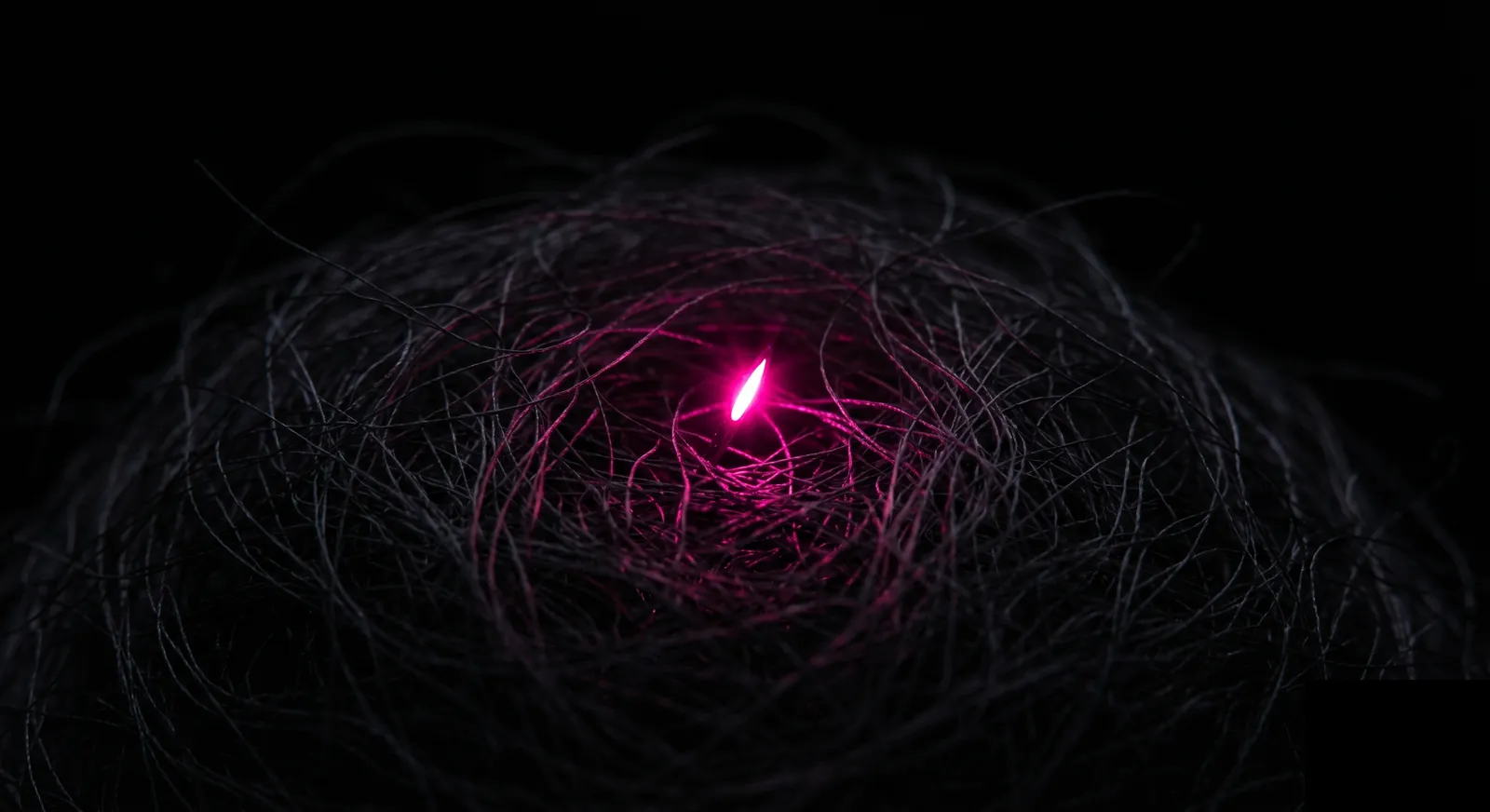 A single bright point of light buried in dense dark threads, representing a malicious package hidden among thousands of legitimate dependencies