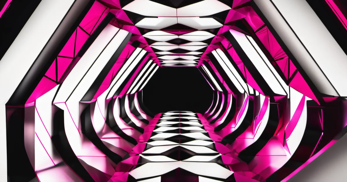 Pink and white geometric tunnel receding to a vanishing point, evoking institutional memory — Amelia S. Gagne, Kief Studio