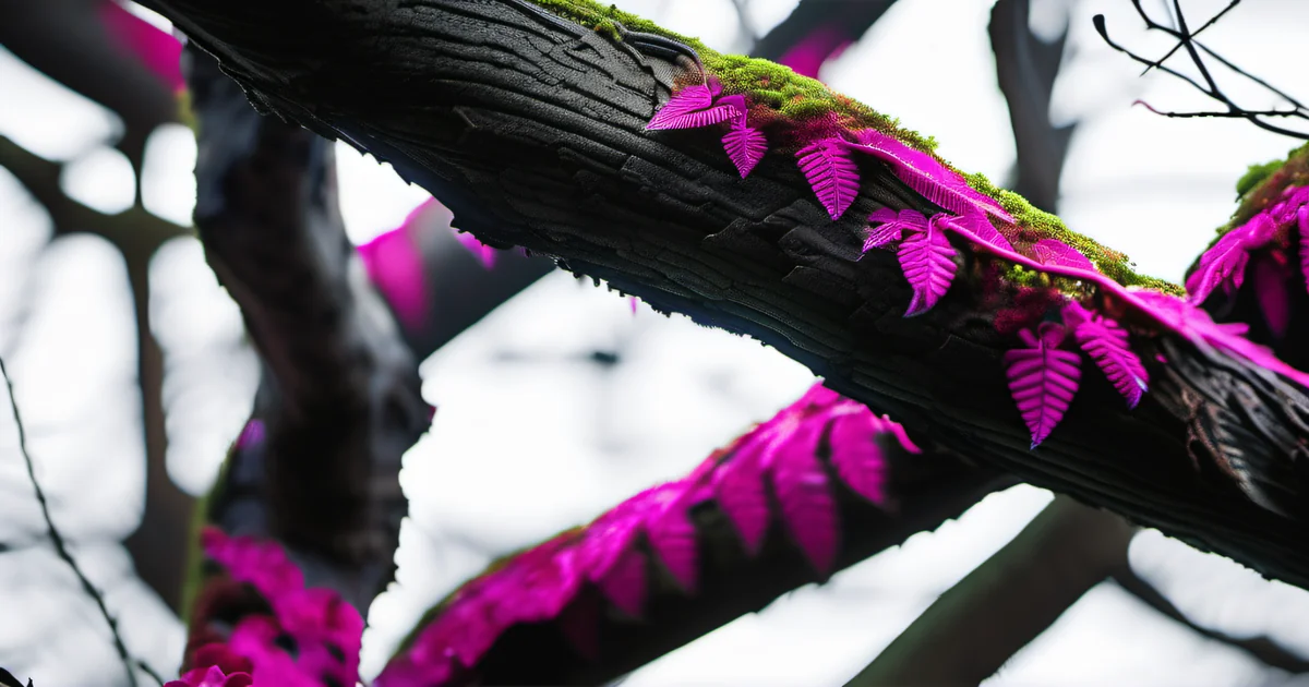 Strangler fig vine growing through old tree trunk with hot pink bioluminescent moss — incremental architectural migration
