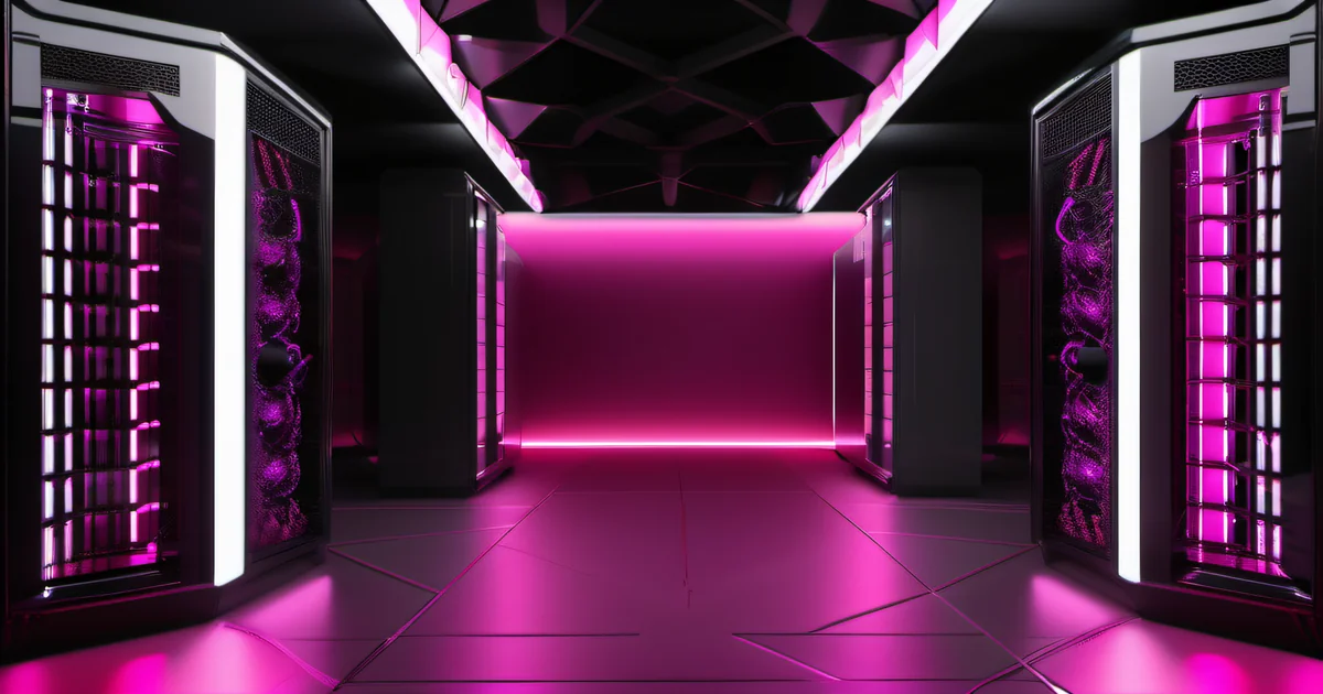 Network switch with hot pink LED status lights in dark data center — selective service decomposition by Amelia S. Gagne