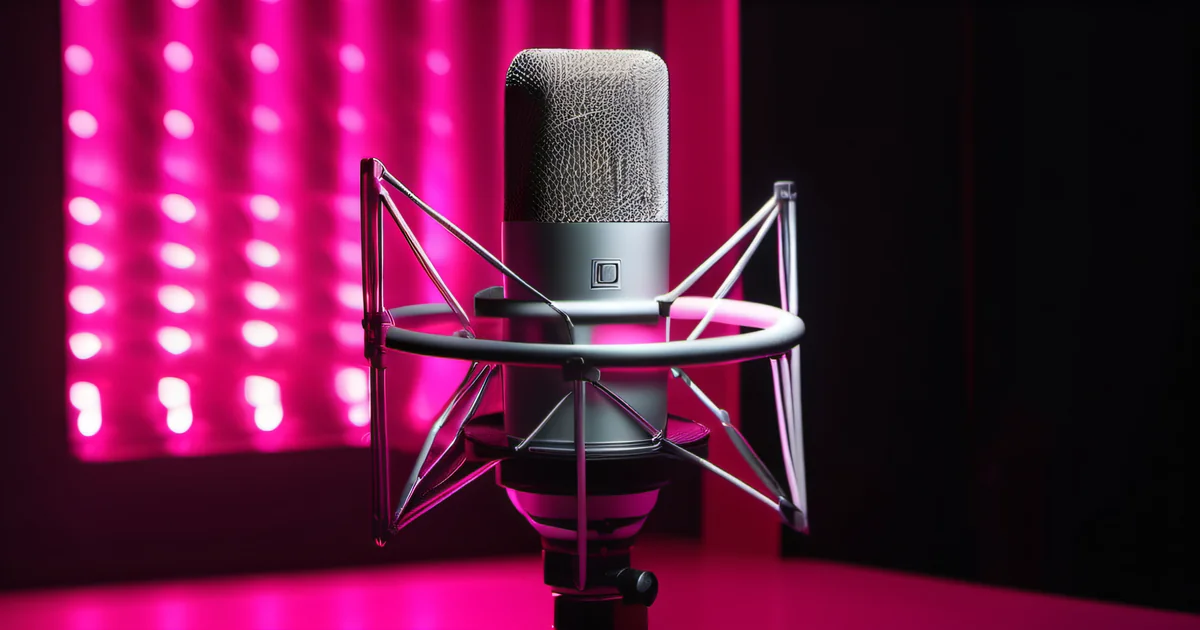 Condenser microphone with hot pink ring light in dark studio — documentation and knowledge transfer by Amelia S. Gagne