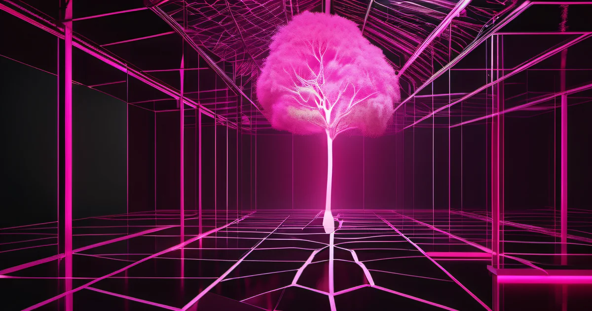 Bioluminescent mycelium network connecting tree roots with hot pink nodes — invisible knowledge networks by Amelia Gagne