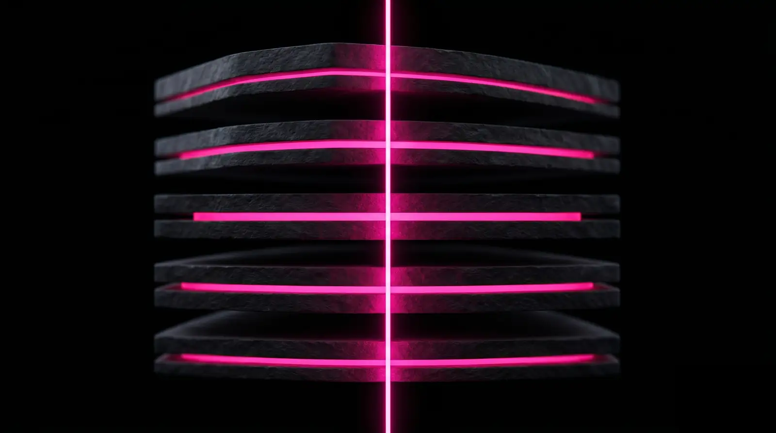 Owning the stack visualized as five layered infrastructure slabs connected by a single unbroken vertical line of light, representing end-to-end control over client data